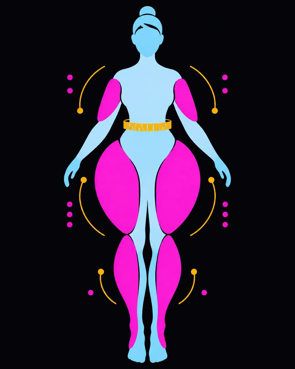 Flat vector illustration showing disproportionate peripheral tissue and multiple body measurements