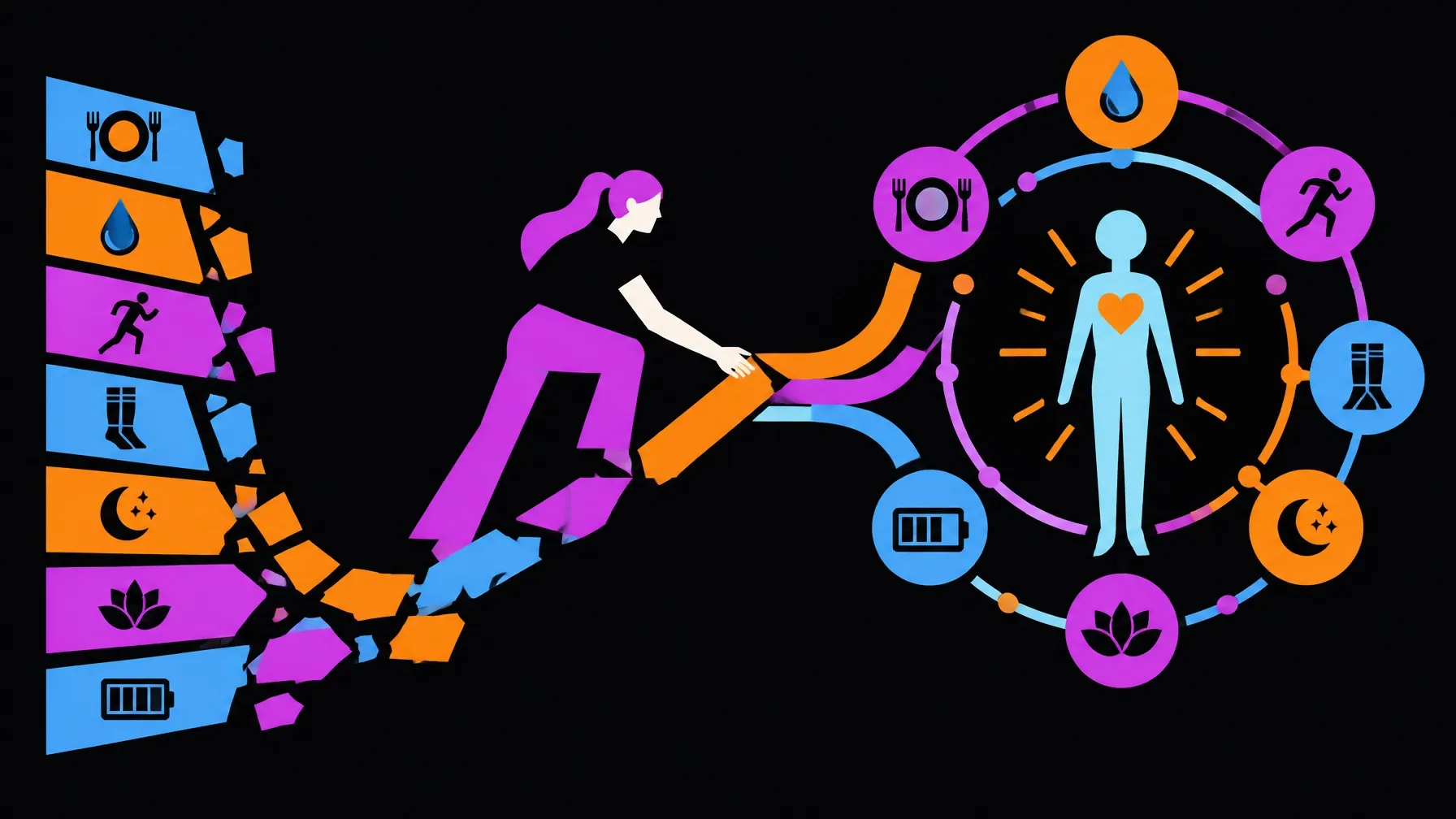 Minimalist vector illustration of an adaptable support system being built around a fluctuating-capacity body