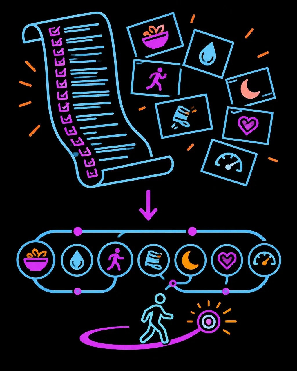 Minimalist vector illustration of a long wellness checklist becoming an adaptable, connected support pathway