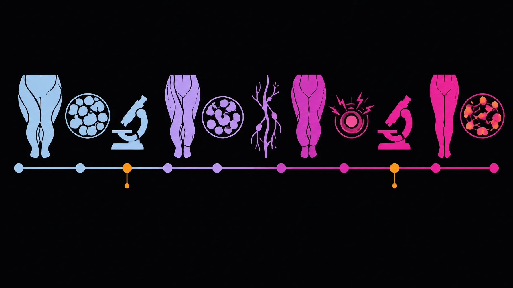 Minimalist vector timeline showing the evolution of lipedema research from early edema framing to modern adipose, pain, movement, and surgical research
