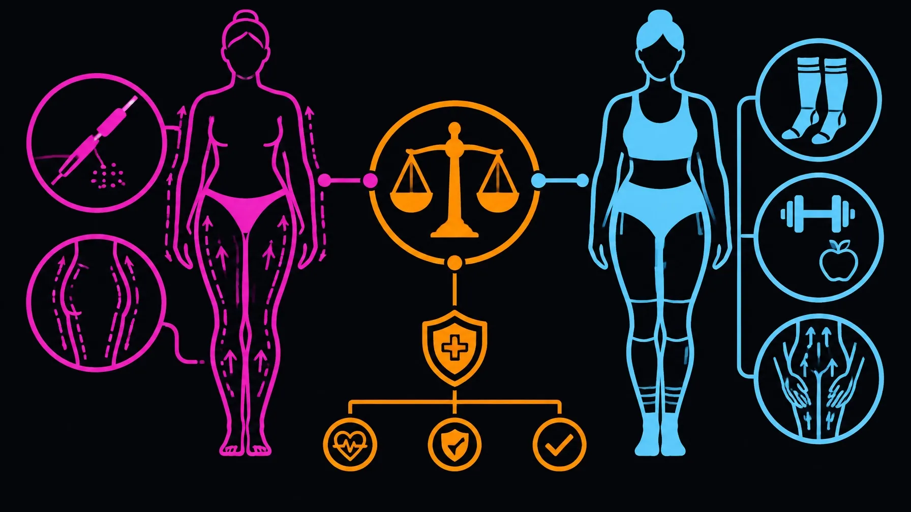 Flat vector illustration comparing surgical and conservative treatment pathways with an evidence scale and safety markers