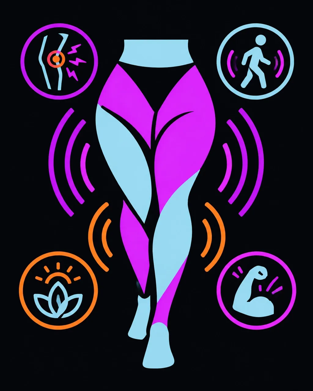 Flat vector illustration of pain signals, adipose tissue, movement capacity, and recovery in Lipedema research
