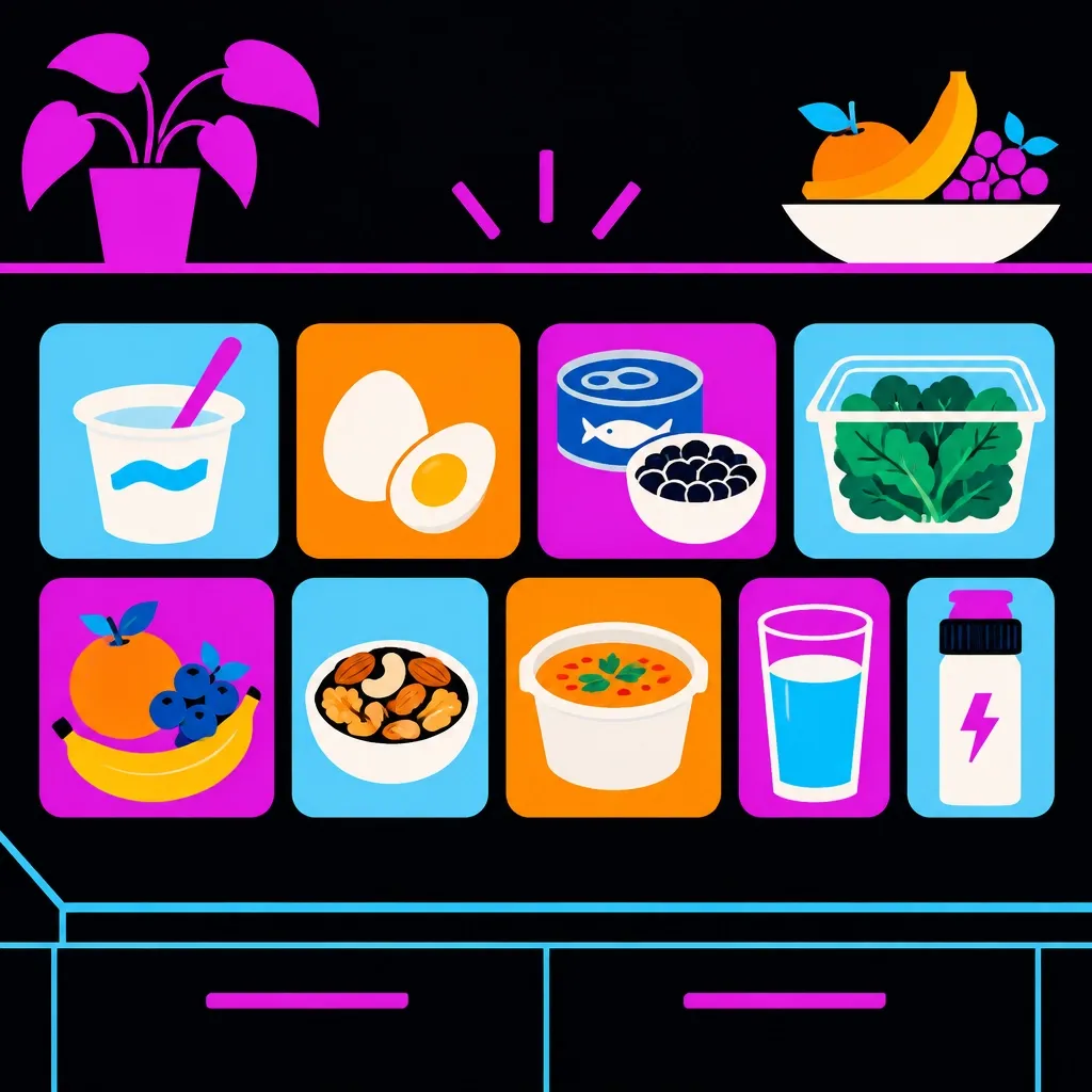 Minimalist vector illustration of no-cook and minimal-prep nourishment options arranged in an accessible modular system